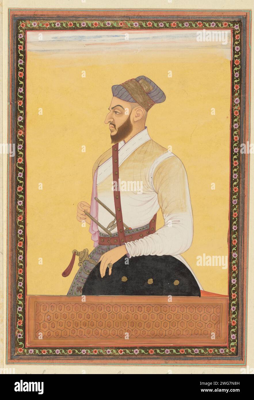 Portrait of SAF-Shikan Khan who has been Aurangzeb's sights, c. 1686 drawing. Indian miniature Saf-Shikan Khan is depicted to his hips, used to the left, with his left arm on a shield on his side, his right hand on a Kattan inserted into his belt. Page 18 in the `Witsen-Album ', with 49 Indian miniatures of princes. Above the portrait a piece of paper with the name in Persian. Under the portrait a piece of paper with the name in the Portuguese. Golkonda paper. deck paint. gold leaf. gouache (paint) brush ruler, sovereign. historical person (...) - historical person (...) portrayed alone Stock Photo